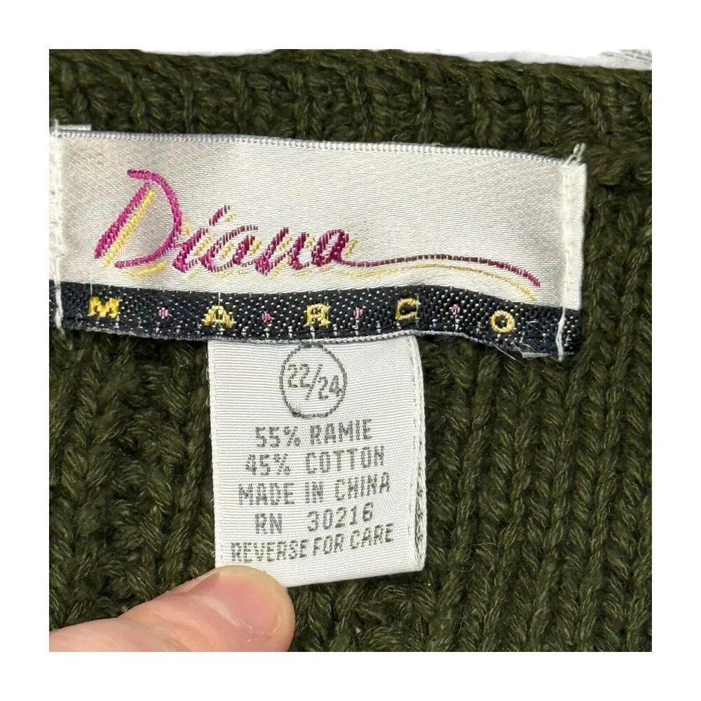 Diana Marco Sweater Women's 22/24 Olive Green Ramie Knit Round Neck Long Sleeve - Picture 2 of 7